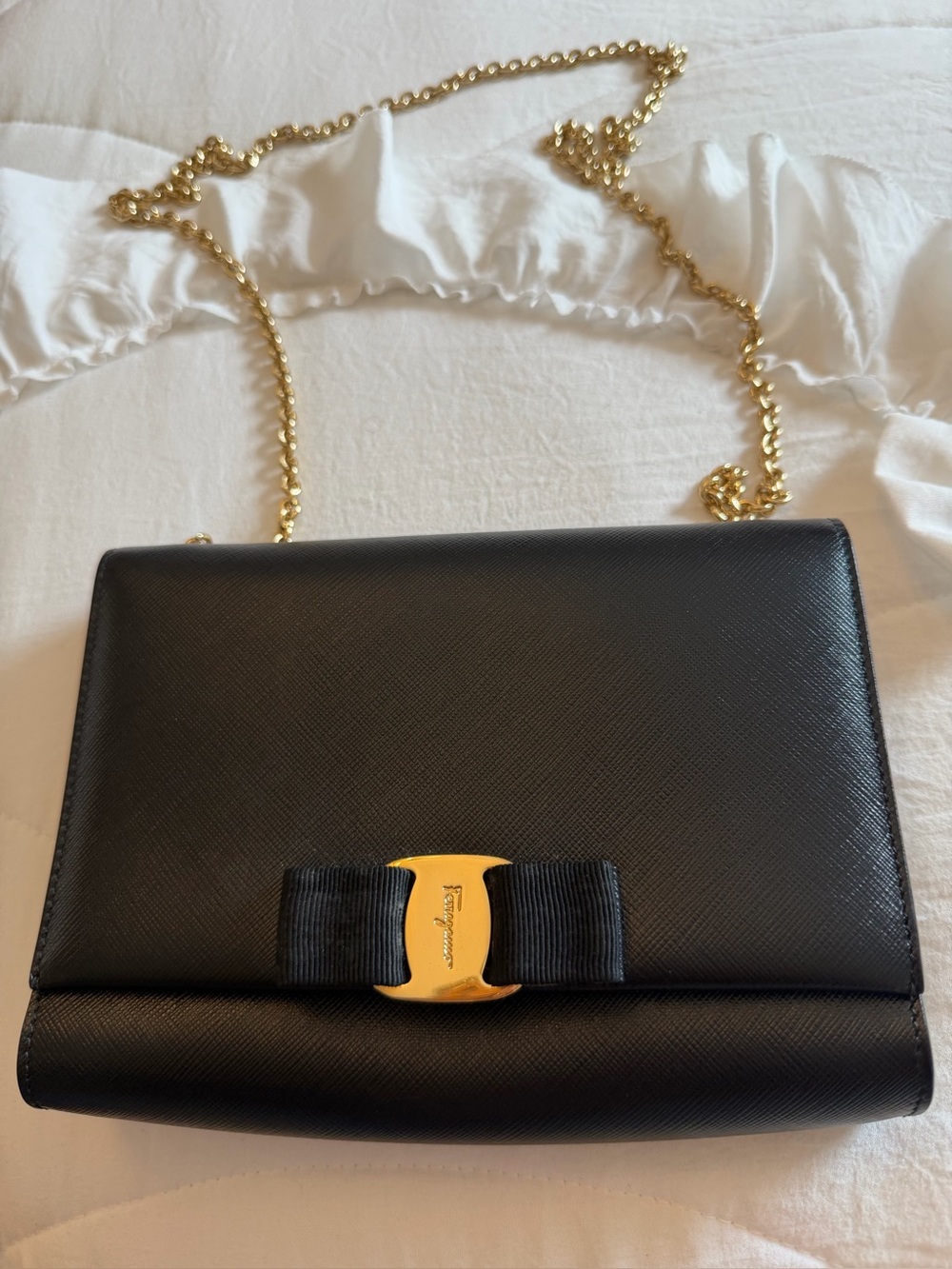 Salvatore Ferragamo Black Saffiano Vara Bow Chain Crossbody